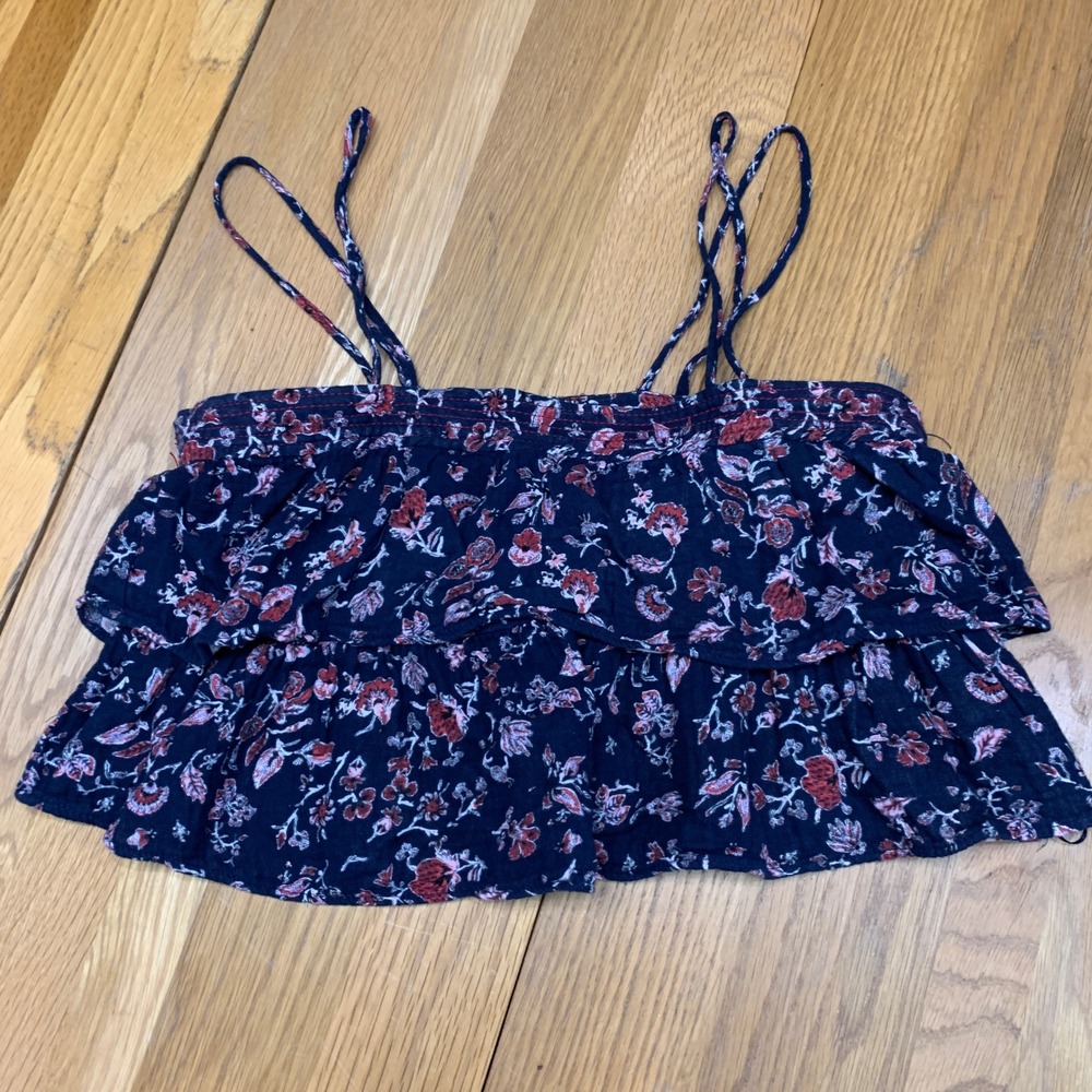 Zara Womens Small Navy Blue Floral Tiered Ruffle Crop Top Spaghetti Strap Cotton